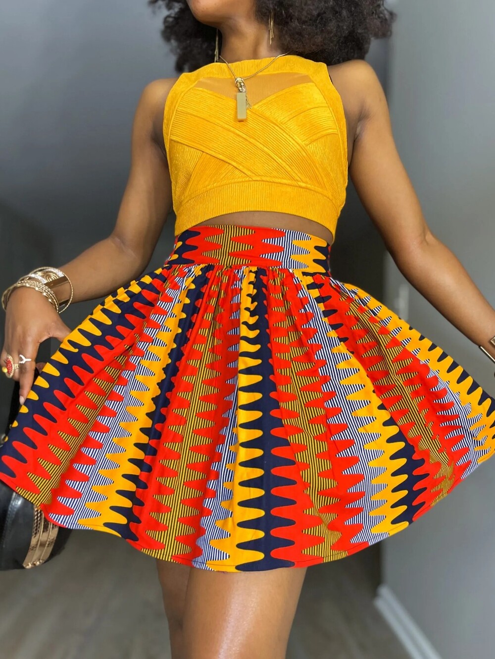 NWT Chimzi Simone Mini Skirt Red Yellow African Wax Print Ankara Women’s Skirt S